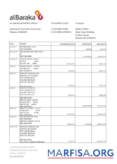 Blank Bahrain Al Baraka bank statement excel real example